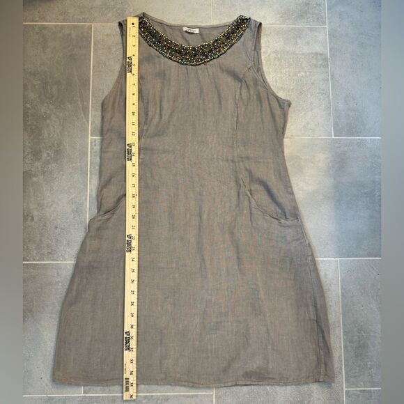 Lina Tomei 100% Linen Beaded Round Neck Sheath Dress Pockets Size Large Taupe - Picture 8 of 11
